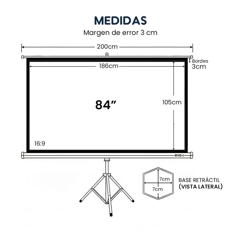 Ecran Evox Portátil 84 pulgadas con trípode 16:9 Blanco medidas