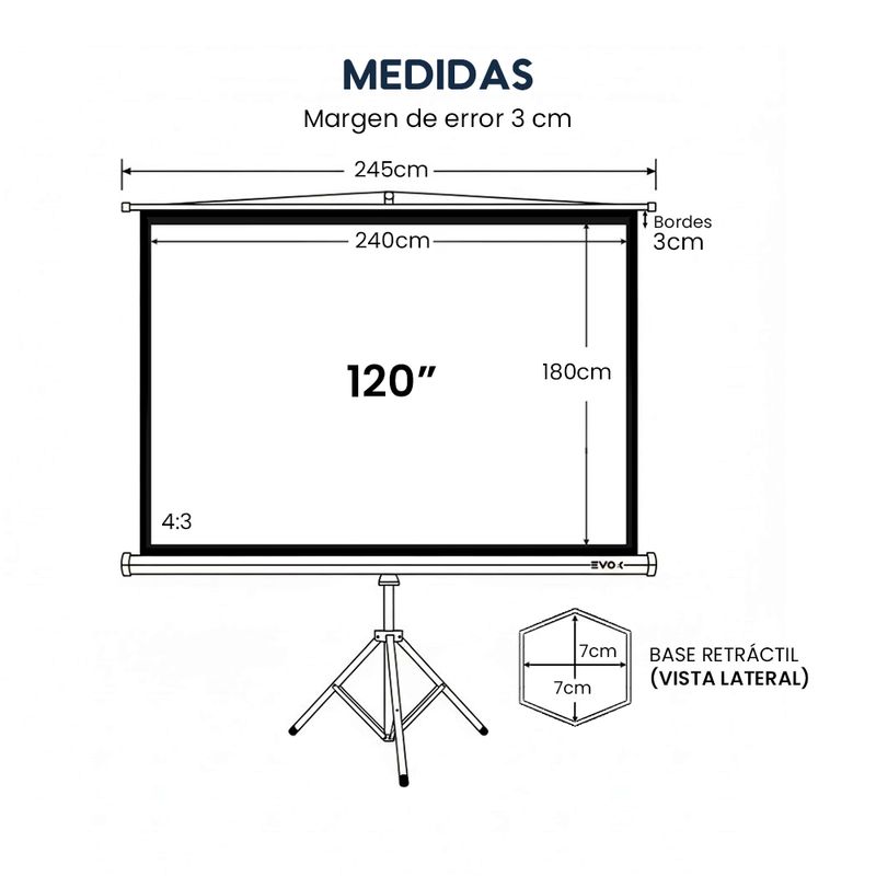 Ecran Evox 120” Fibra de Vidrio Trípode 4:3 blanco medidas