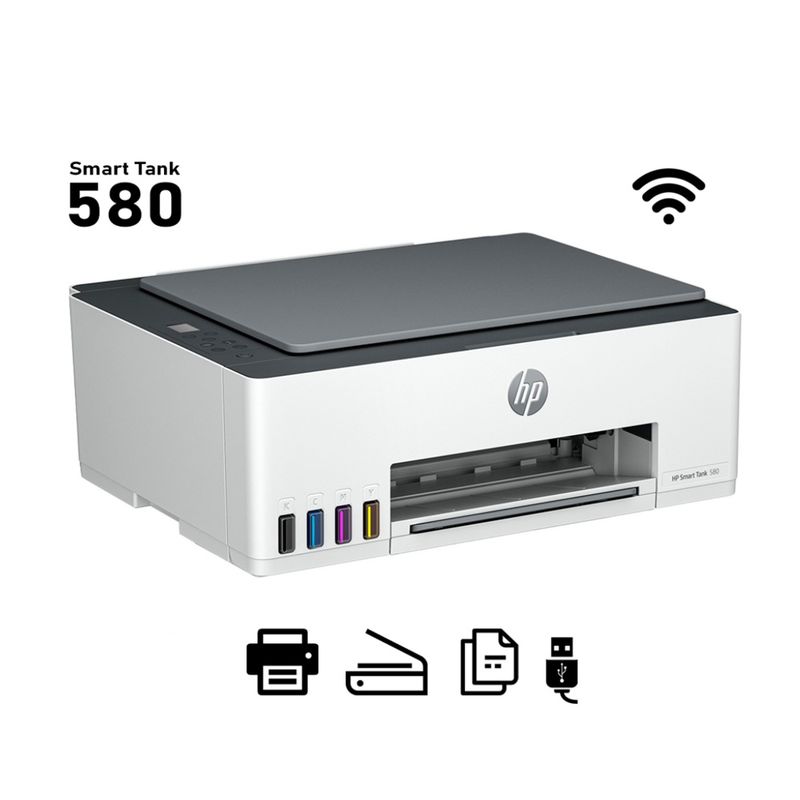 Impresora HP Smart Tank 580 multifuncional con Wi-Fi y USB frontal oblicuo
