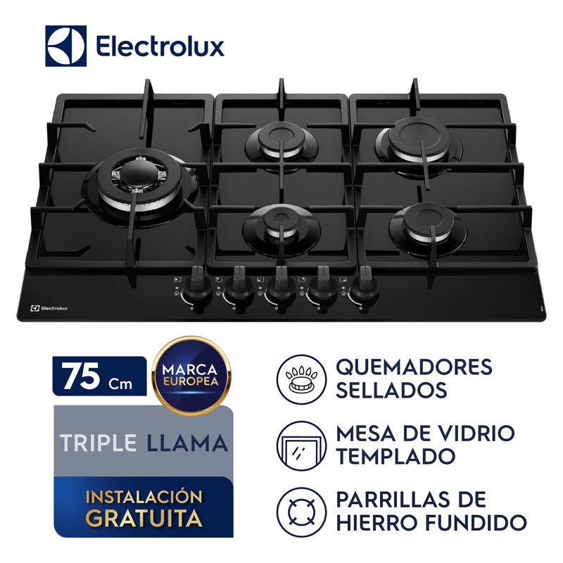 Encimera Electrolux KE5CB 5 hornillas 75 cm vidrio templado frontal características