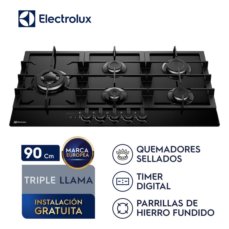 Encimera Electrolux KE5DT 5 hornillas 90 cm vidrio templado superior
