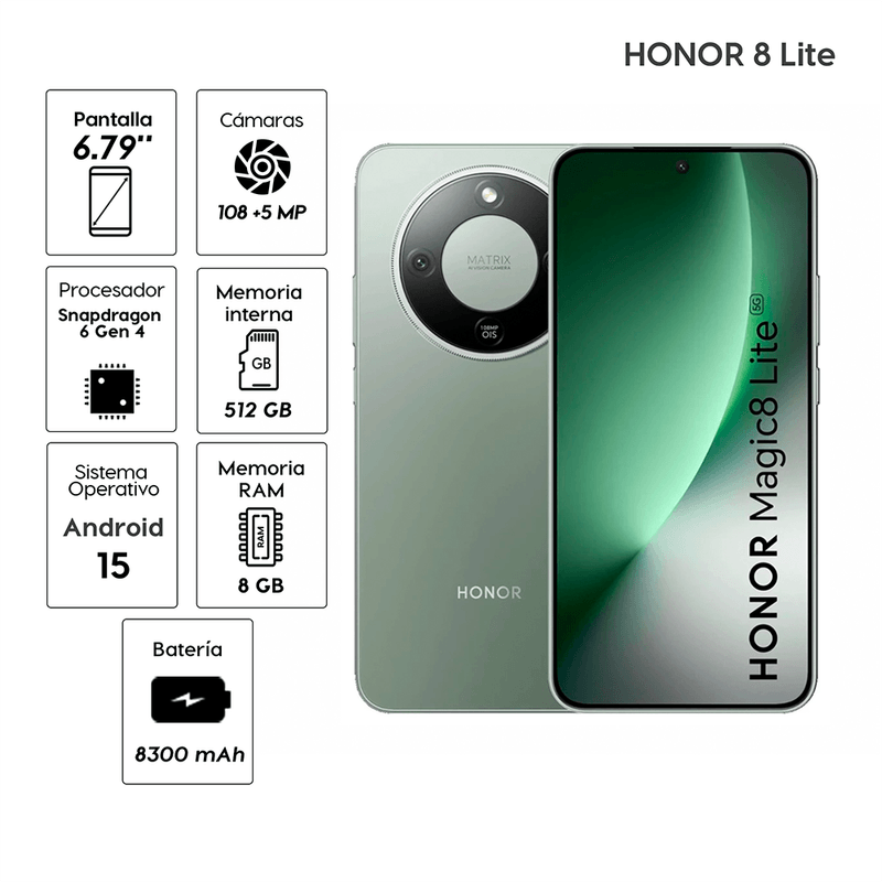Celular Honor Magic 8 Lite 512GB 8GB RAM 5G AMOLED verde especificaciones