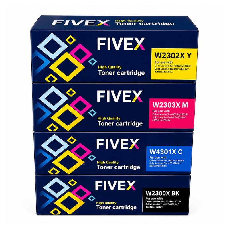 Kit de tóner Fivex 230X CMYK con chip para HP 4203 y 4303 frontal