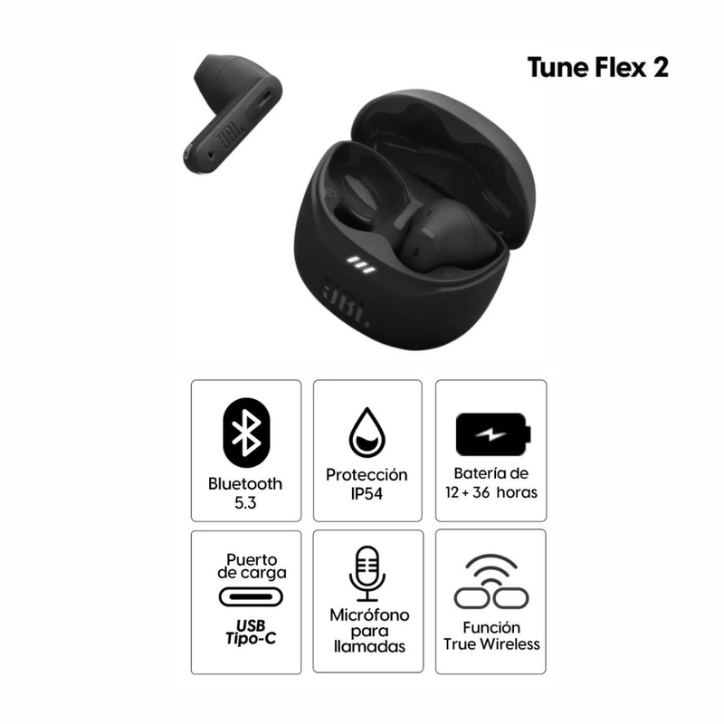 Audífonos JBL Tune Flex 2 TWS ANC Bluetooth 5.3 IP54 negro especificaciones