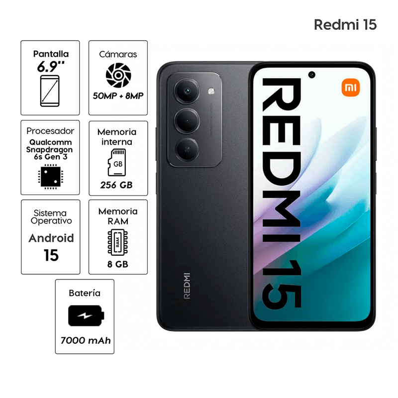 Celular Xiaomi Redmi 15 5G 256GB 8GB RAM IP64 negro especificaciones