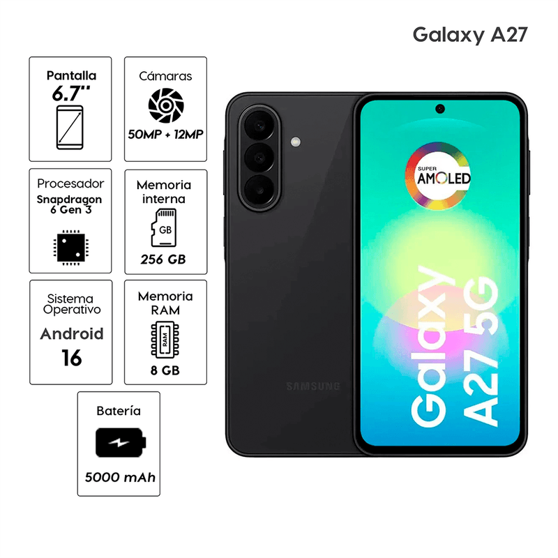 Celular Samsung Galaxy A27 5G 256GB 8GB RAM AMOLED negro especificaciones