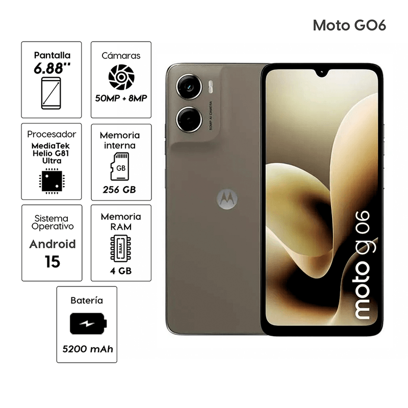 Celular Motorola Moto G06 256GB 4GB RAM cámara 50MP café especificaciones