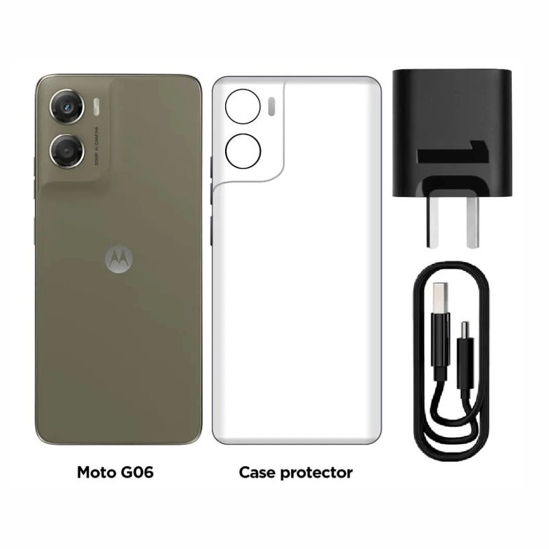 Celular Motorola Moto G06 256GB 4GB RAM cámara 50MP café contenido de caja