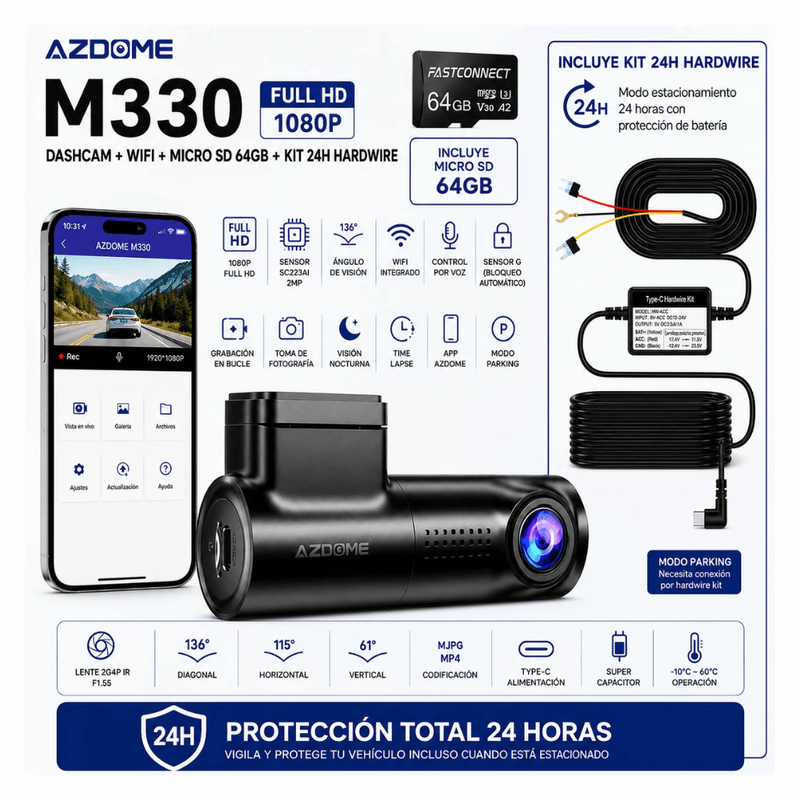 Cámara AZDOME M330 Full HD Wi-Fi visión nocturna negra accesorios de instalación