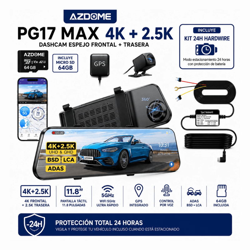 Cámara AZDOME PG17 Max espejo 4K GPS Wi-Fi negro detalles