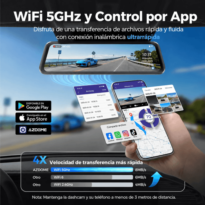 Cámara AZDOME PG17 Max espejo 4K GPS Wi-Fi negro control por app