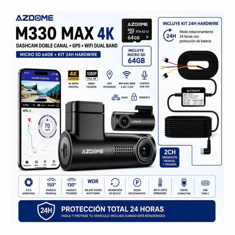 Cámara AZDOME M330 Max 4K GPS Wi-Fi dual band negra cámara trasera Cámara AZDOME M330 Max 4K GPS Wi-Fi dual band negro sistema