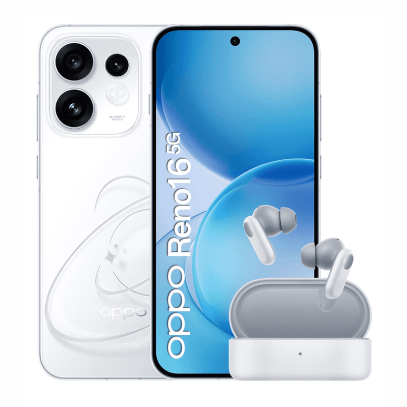 Celular OPPO Reno16 5G 256GB y Enco Buds 2 Pro blanco frontal