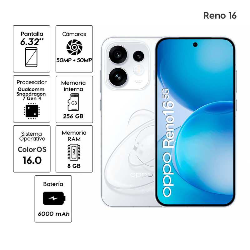 Celular OPPO Reno16 5G 256GB y Enco Buds 2 Pro blanco especificaciones