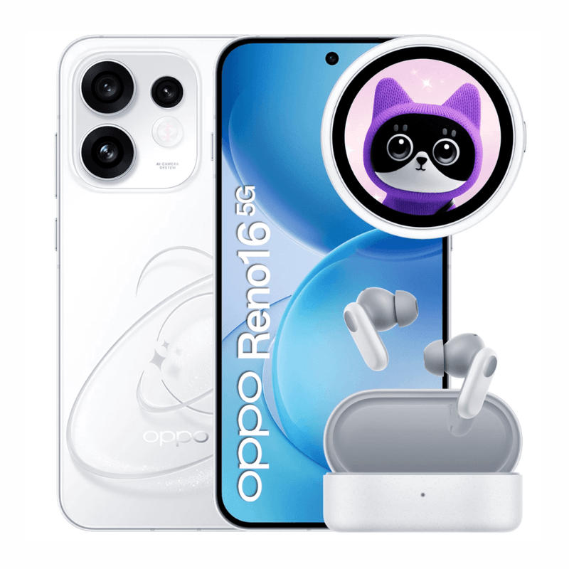 Celular OPPO Reno16 5G, Enco Buds 2 Pro y Bubble blanco frontal