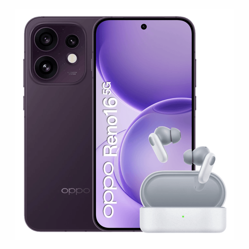 Celular OPPO Reno16 5G 256GB y Enco Buds 2 Pro vino frontal
