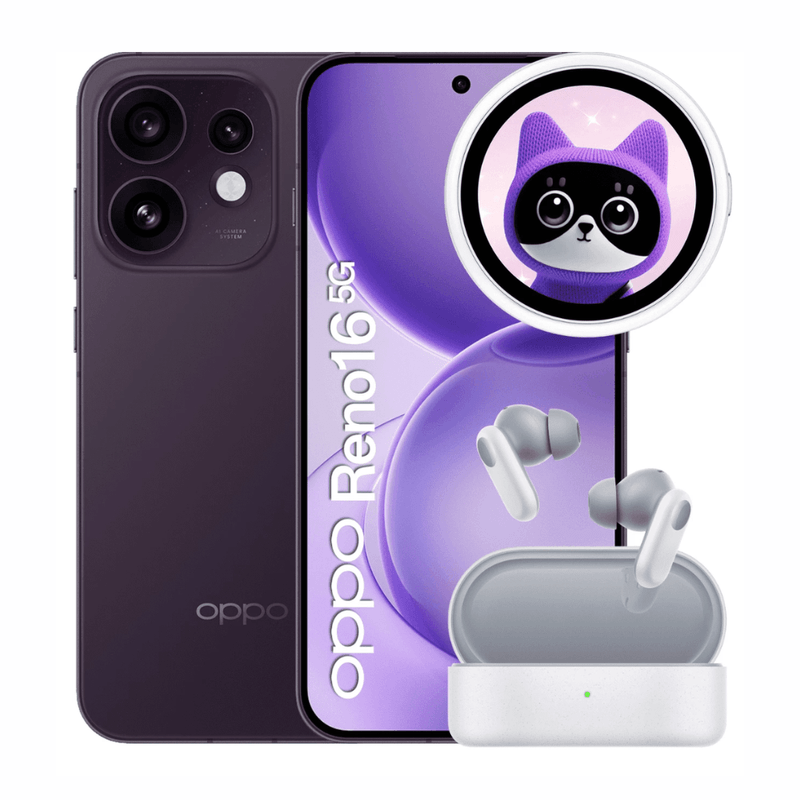 Celular OPPO Reno16 5G, Enco Buds 2 Pro y Bubble vino frontal