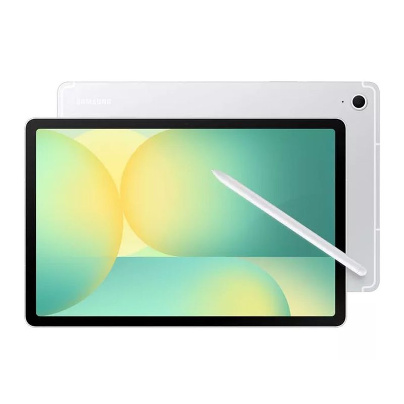 Tablet Samsung Tab S10 FE 10.9 pulgadas 128GB plateado con S Pen frontal y dorsal