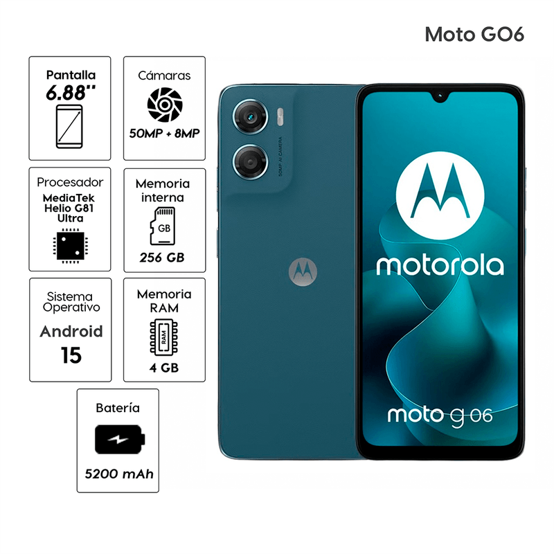 Celular Motorola Moto G06 4G 256GB 4GB RAM 50MP azul especificaciones