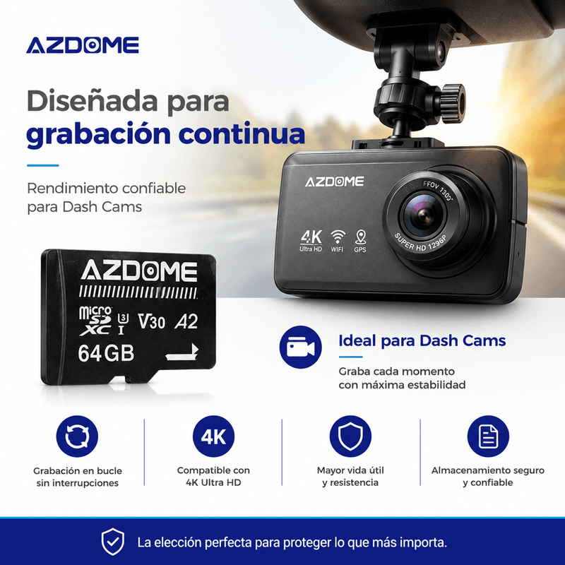 MicroSD AZDOME 64GB microSDXC U3 V30 A2 4K para Dash Cam características