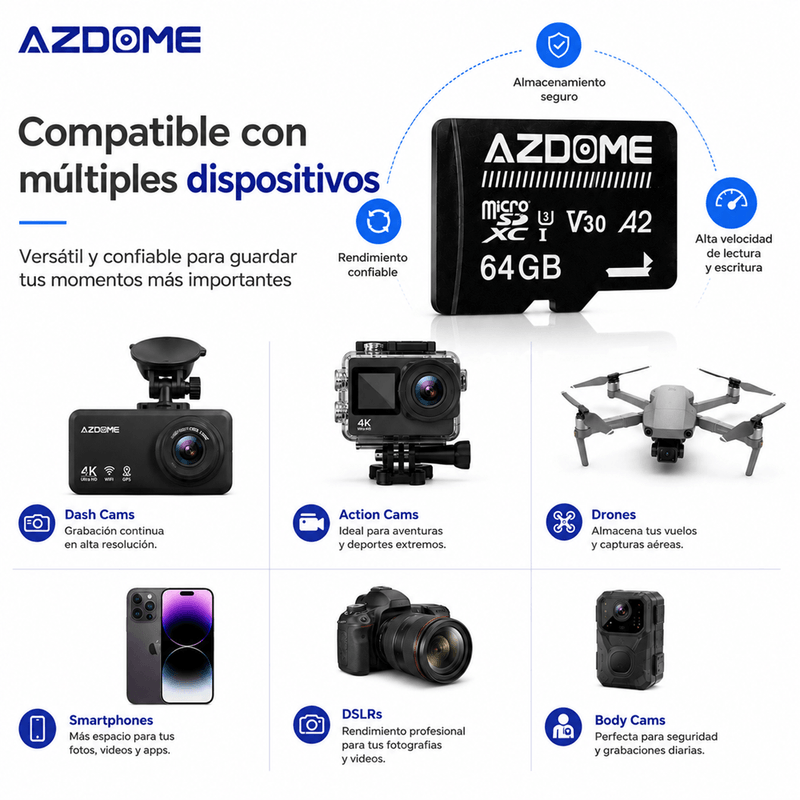MicroSD AZDOME 64GB microSDXC U3 V30 A2 4K para Dash Cam garantía