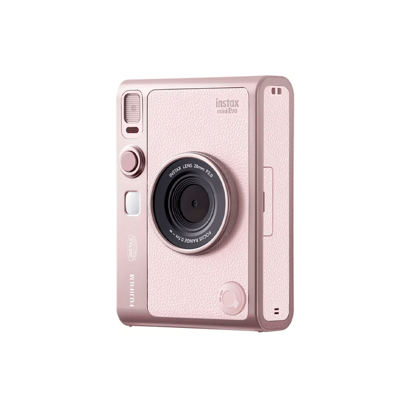 Cámara Fujifilm Instax Mini Evo Hybrid Bluetooth rosa frontal oblicuo