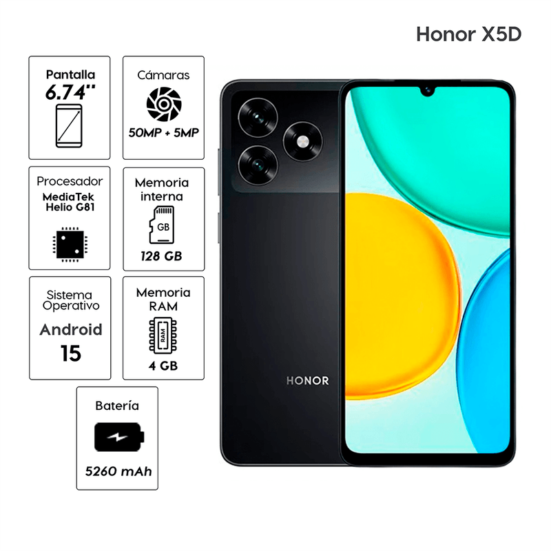 Celular Honor X5D 4G 128GB 4GB RAM 50MP 6.74" negro especificaciones