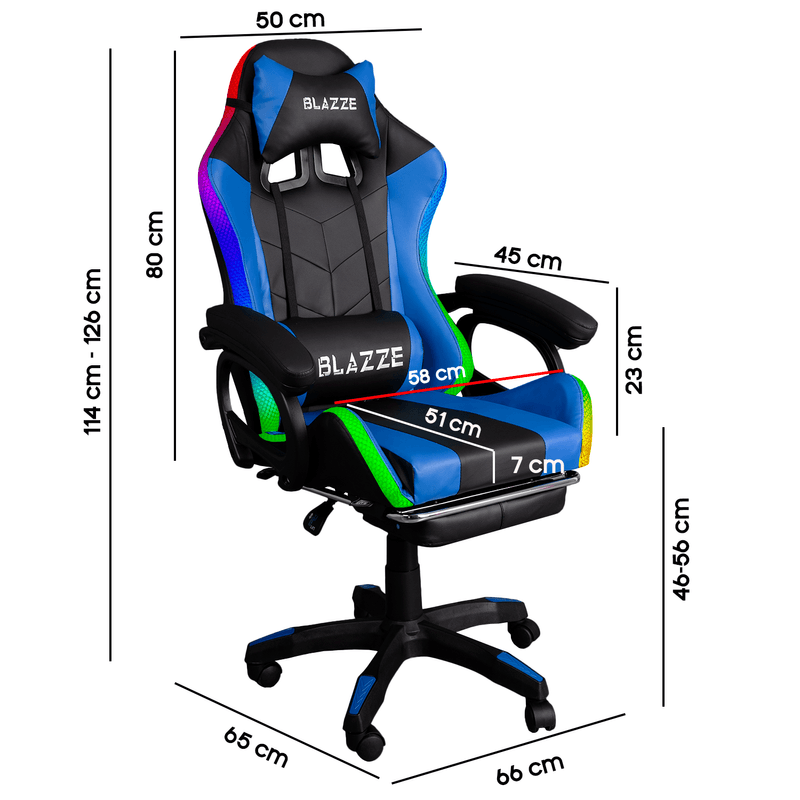 Silla gamer Blazze Buff RGB reclinable 135° con reposapiés medidas