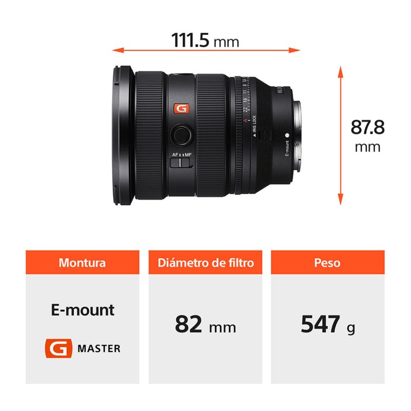 Lente Sony Zoom Gran Angular FE 16-35mm F2.8 GM II Full Frame especificaciones