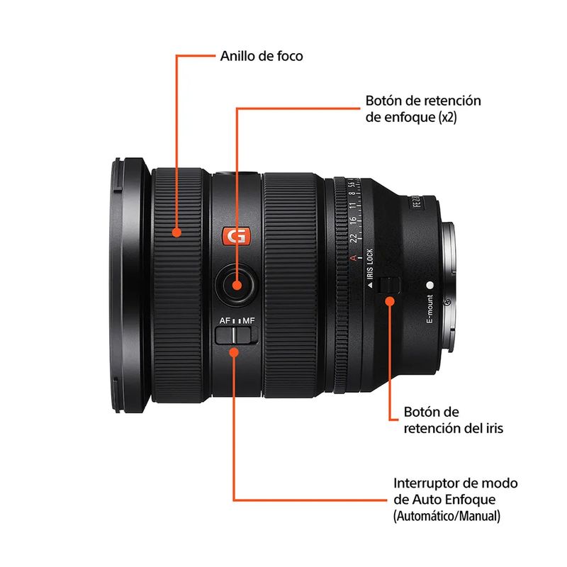 Lente Sony Zoom Gran Angular FE 16-35mm F2.8 GM II Full Frame partes de lente