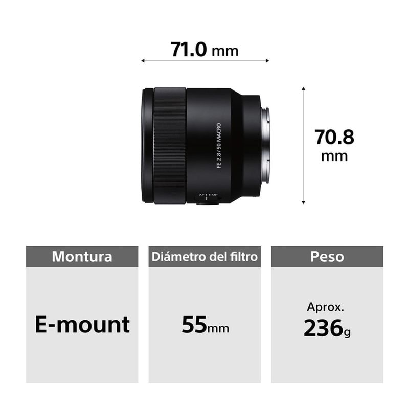 Lente Sony FE 50mm F2.8 Macro Full Frame negro especificaciones