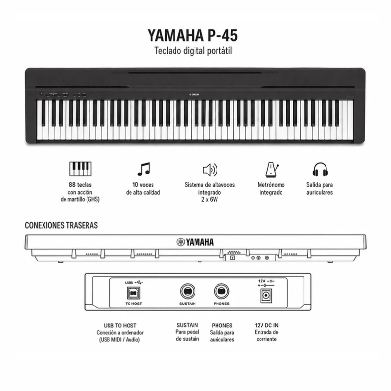 Piano Yamaha P-45 Pack 88 teclas GHS 10 sonidos negro especificaciones