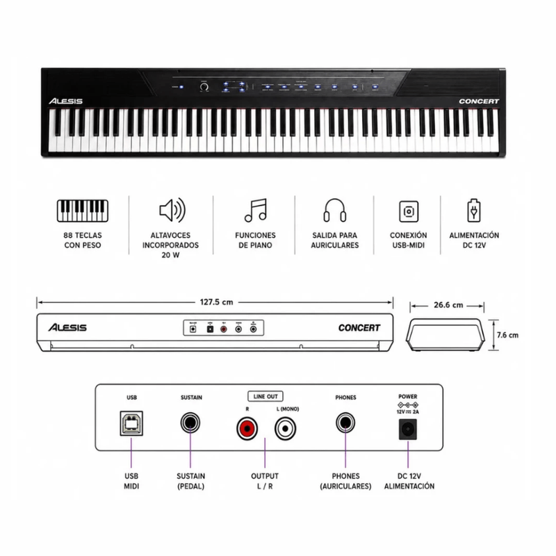 Piano digital Alesis Concert Pack 88 teclas 10 sonidos negro especificaciones