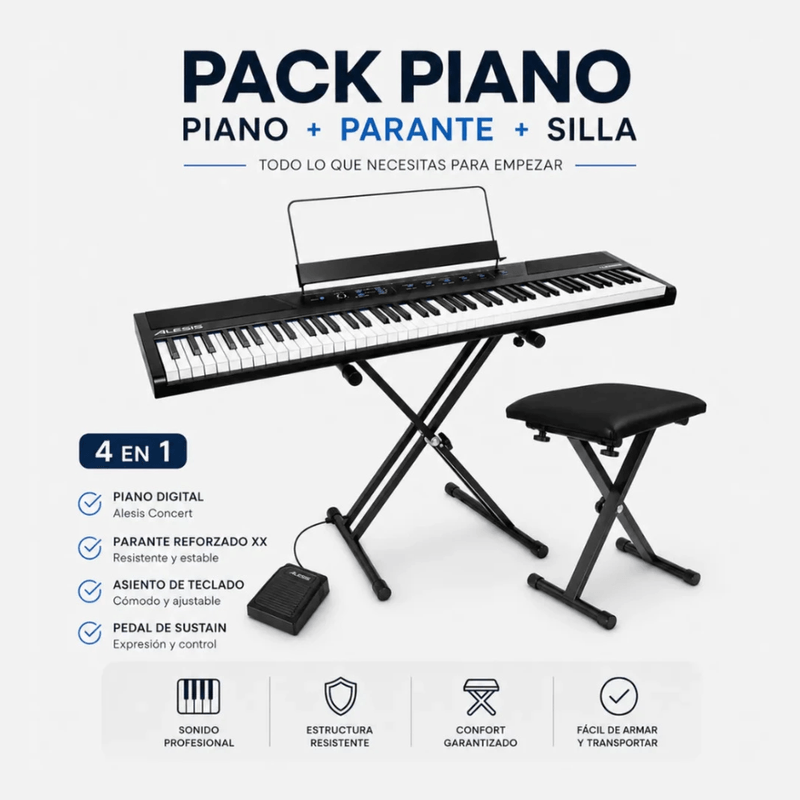 Piano digital Alesis Concert Pack 88 teclas 10 sonidos negro contenido de caja