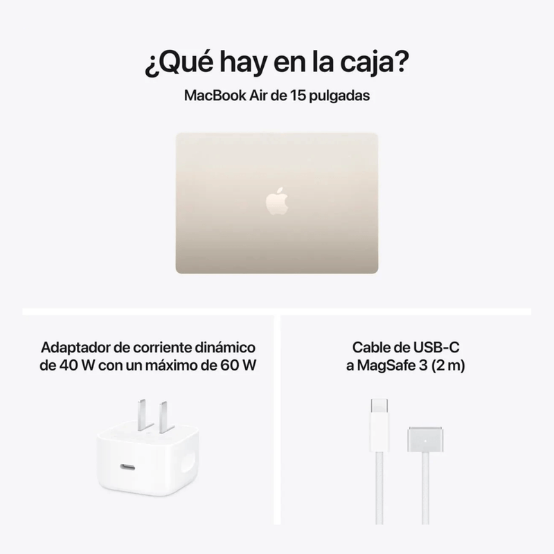 MacBook Air 15" M5 512GB SSD 16GB RAM starlight contenido de caja
