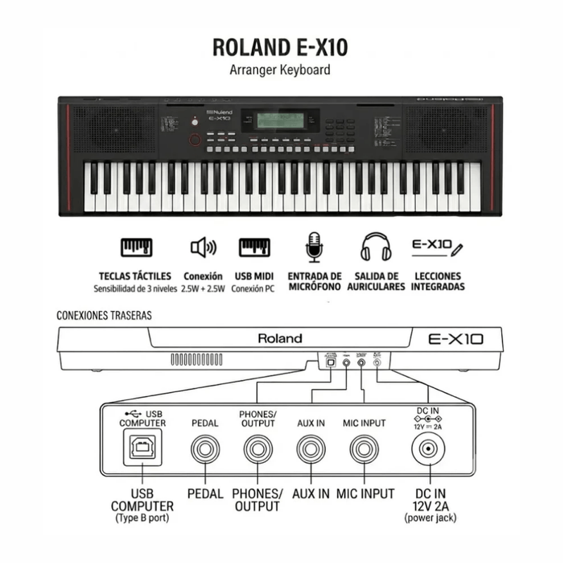 Teclado Roland E-X10 61 teclas 601 tonos Pack negro especificaciones