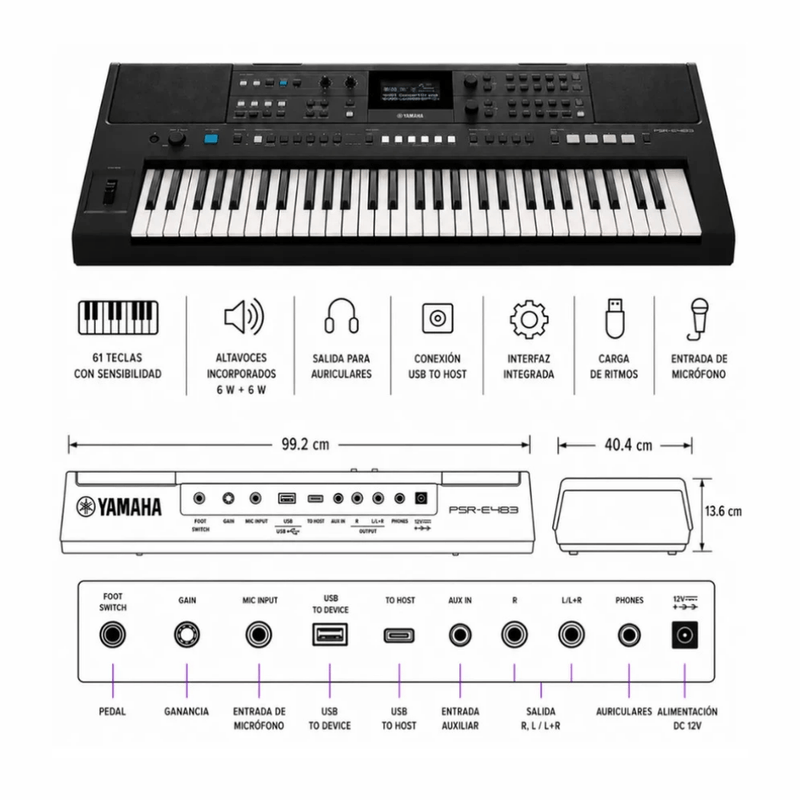 Teclado Yamaha PSR-E483 61 teclas 860 tonos Pack negro especificaciones