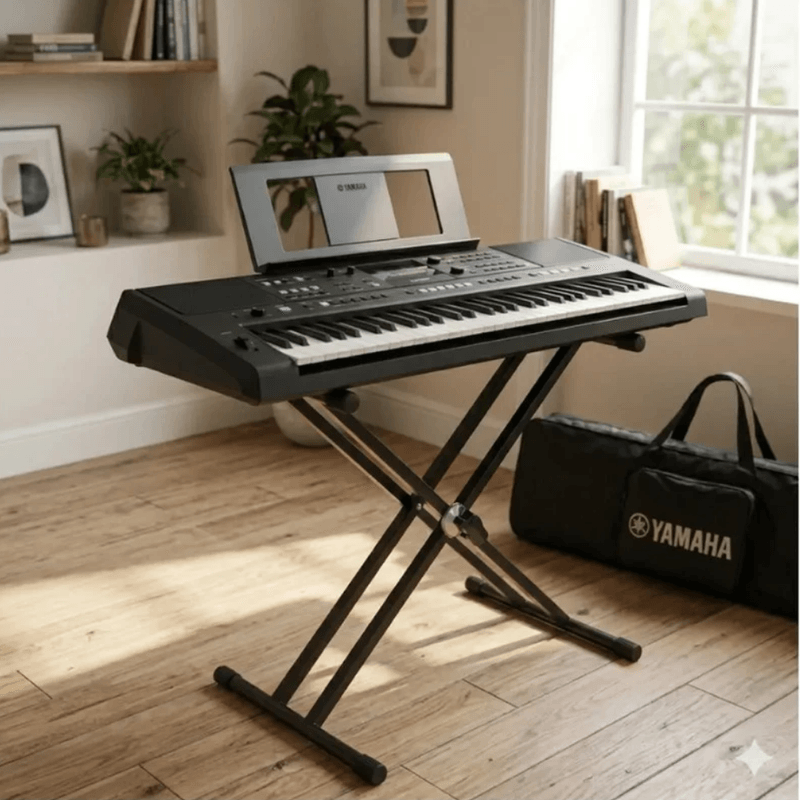 Teclado Yamaha PSR-E483 61 teclas 860 tonos Pack negro atril de partituras