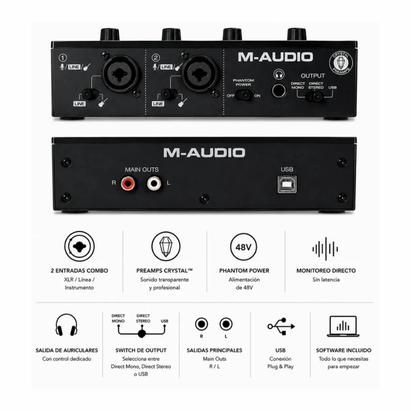 Interfaz M-Audio M-Track Duo 2 canales 24 bits 48 kHz especificaciones
