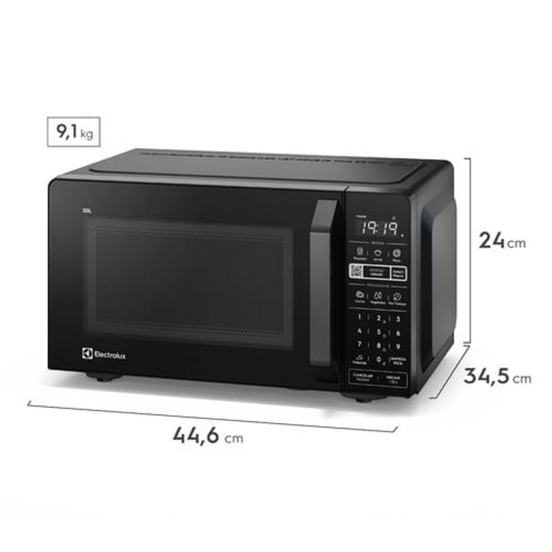 Microondas Electrolux 20L 1100W función descongelar negro frontal medidas