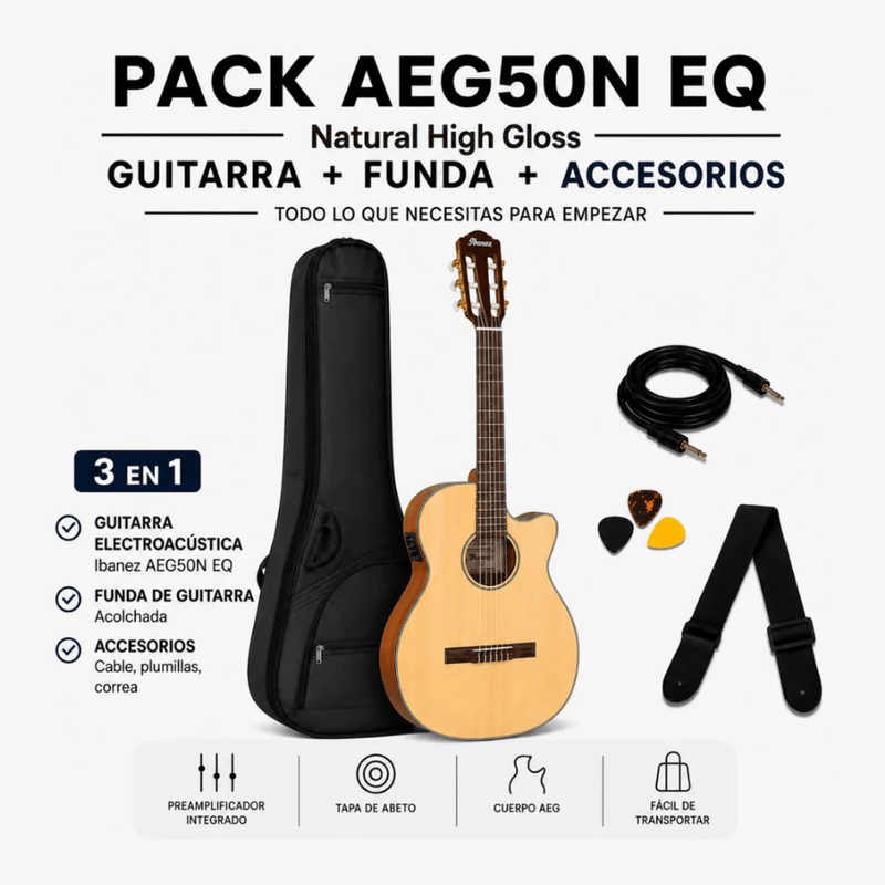 Guitarra Ibanez AEG50N-NT nylon 20 trastes natural accesorios