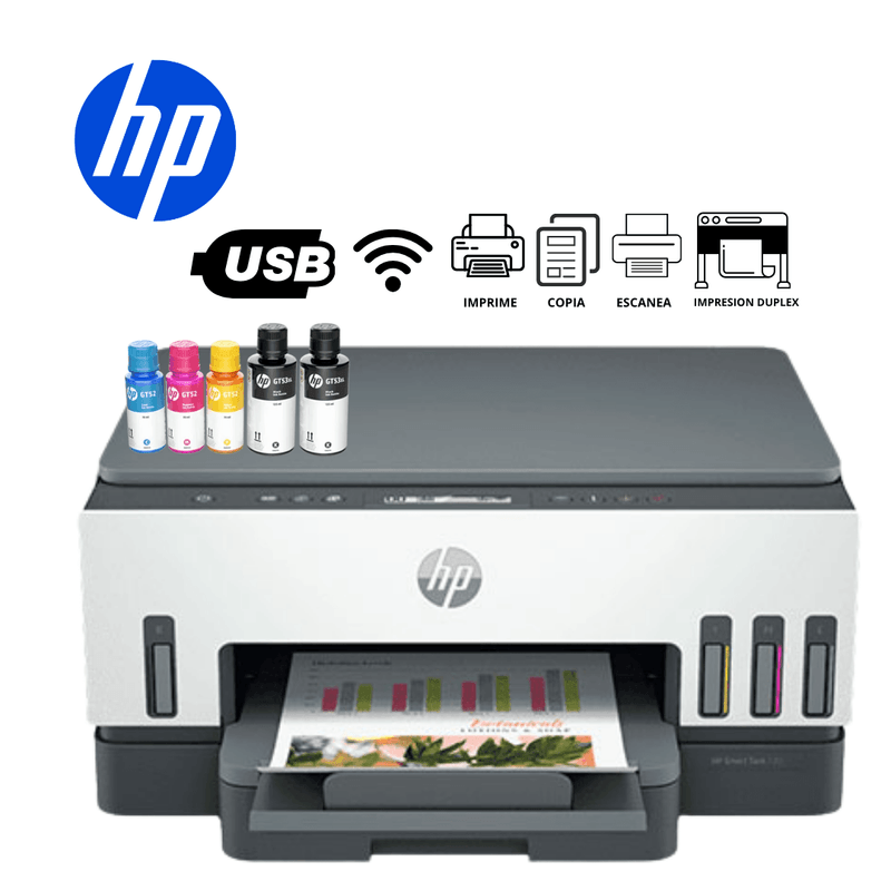 Impresora HP Smart Tank 720 multifuncional WiFi frontal especificaciones