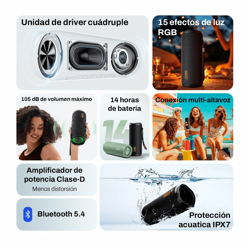 Parlante QCY SP7 40 W Bluetooth 5.4 IPX7 RGB rojo características