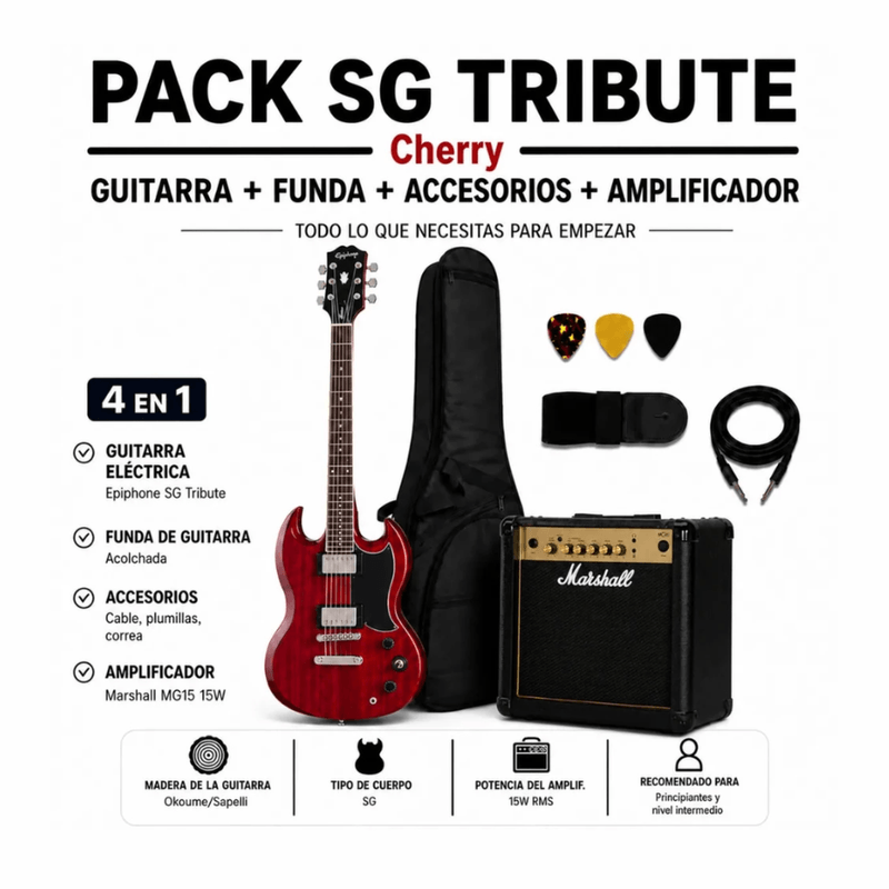 Guitarra Epiphone SG Tribute + Marshall MG15G 15W Cherry contenido