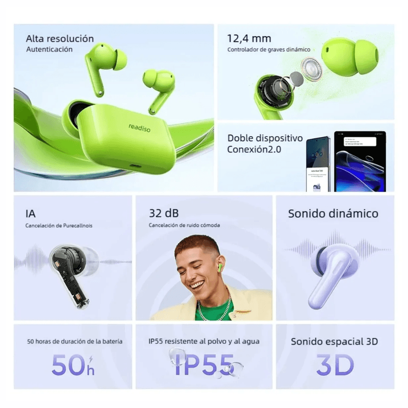 Audífonos Realme Buds T200 ANC 32 dB IPX5 50 h verde características