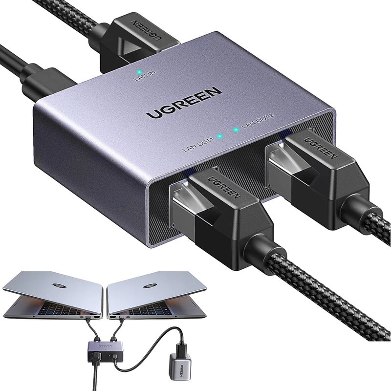 Divisor Ethernet Ugreen Gigabit RJ45 1 a 2 frontal oblicuo