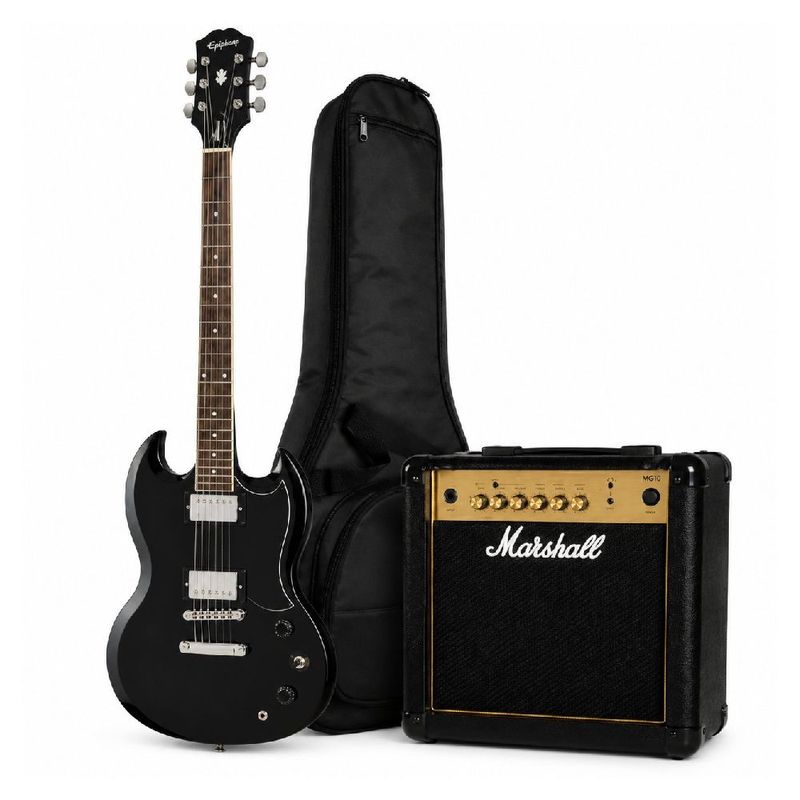 Guitarra Epiphone SG Tribute + amplificador Marshall frontal