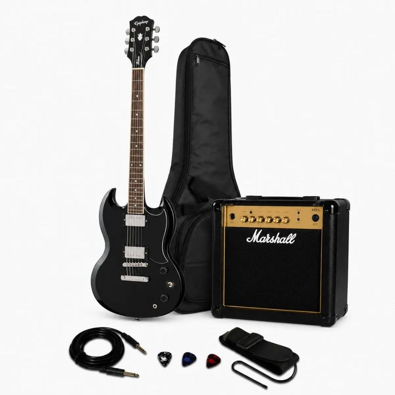 Guitarra Epiphone SG Tribute + amplificador Marshall contenido