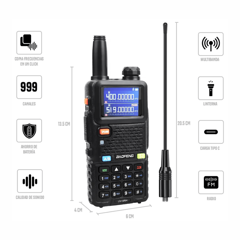 Radio Baofeng UV5RH 10W 999 canales FM IP45 especificaciones