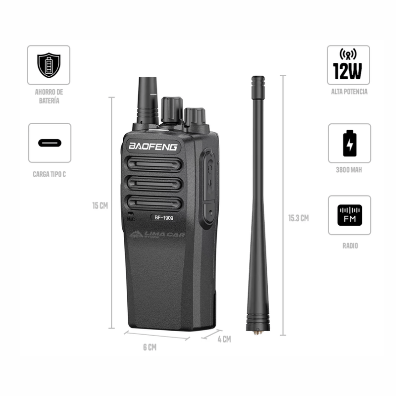 Radio portátil Baofeng BF-1909 UHF 12W alcance 12 km especificaciones